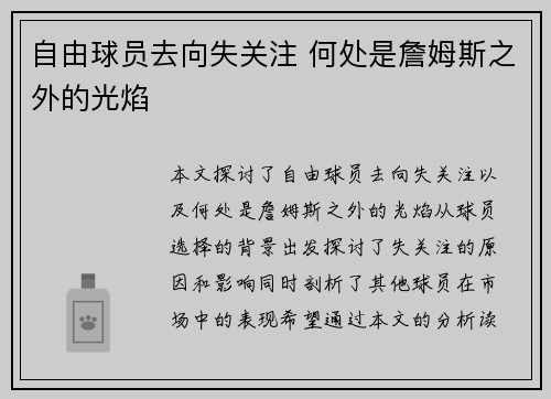自由球员去向失关注 何处是詹姆斯之外的光焰